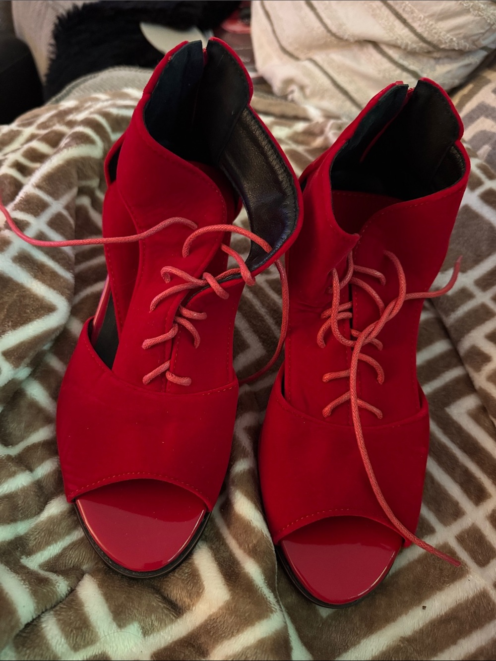Red Lace-Up Open Toe Heels - Women's Dress Heels